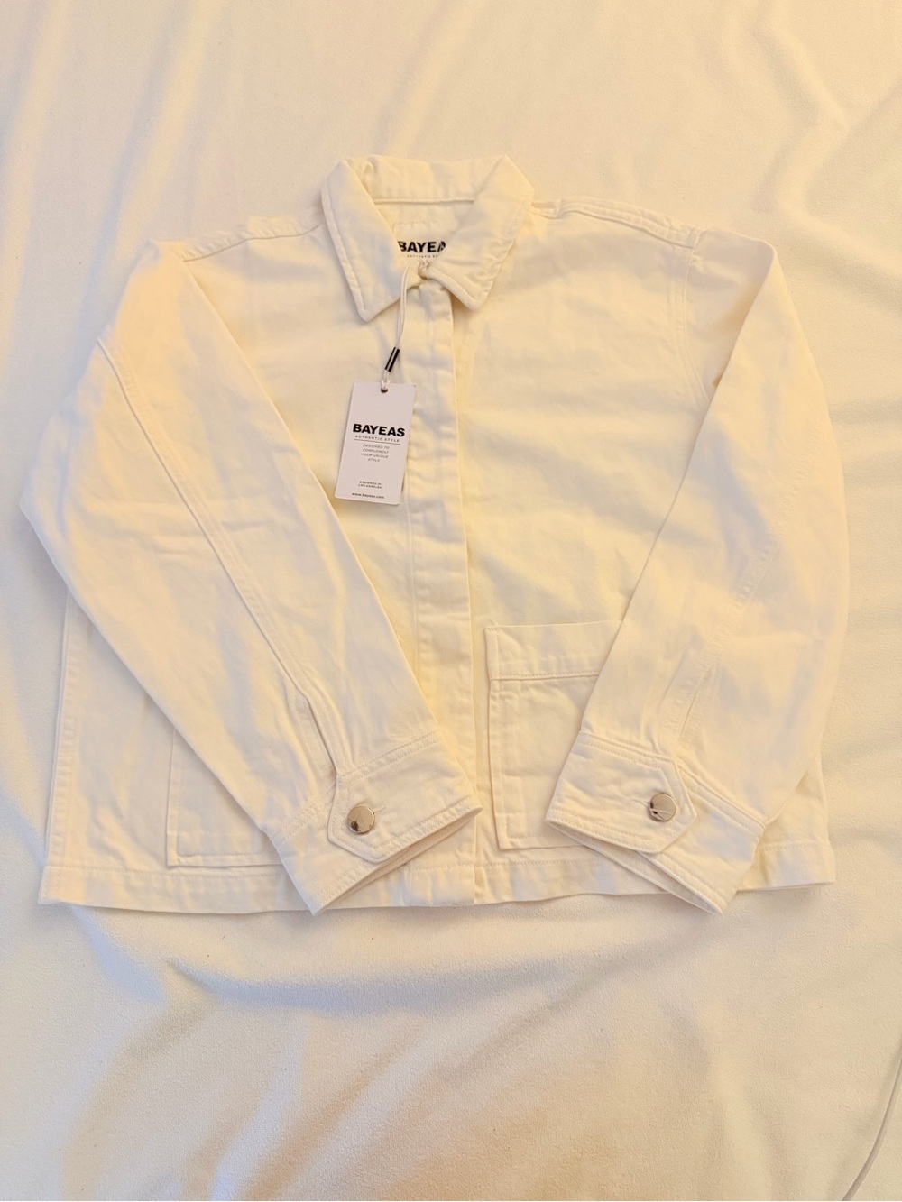 Bayeas White Denim Jacket 100% Cotton Button Front Size S NWT - Picture 4 of 6